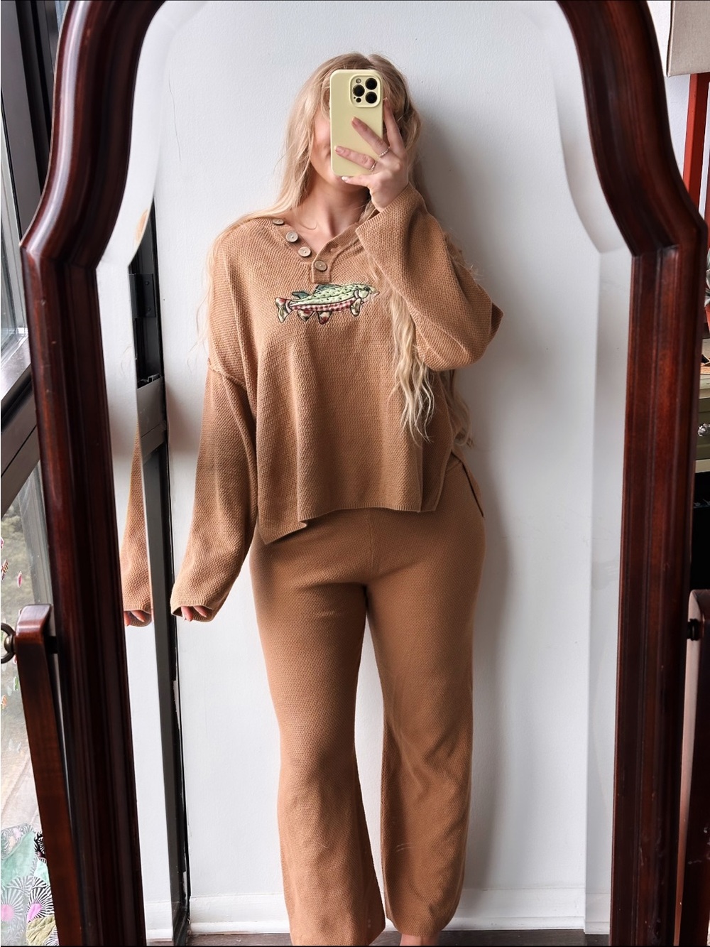 Hand Crafted Womens 2 Piece Camel Brown Loungewear Set Fish Appliqué